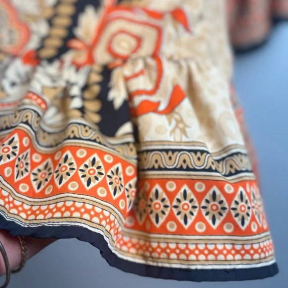 Bohemian Floral Print Blouse - Orange and Black - Picture 4 of 6